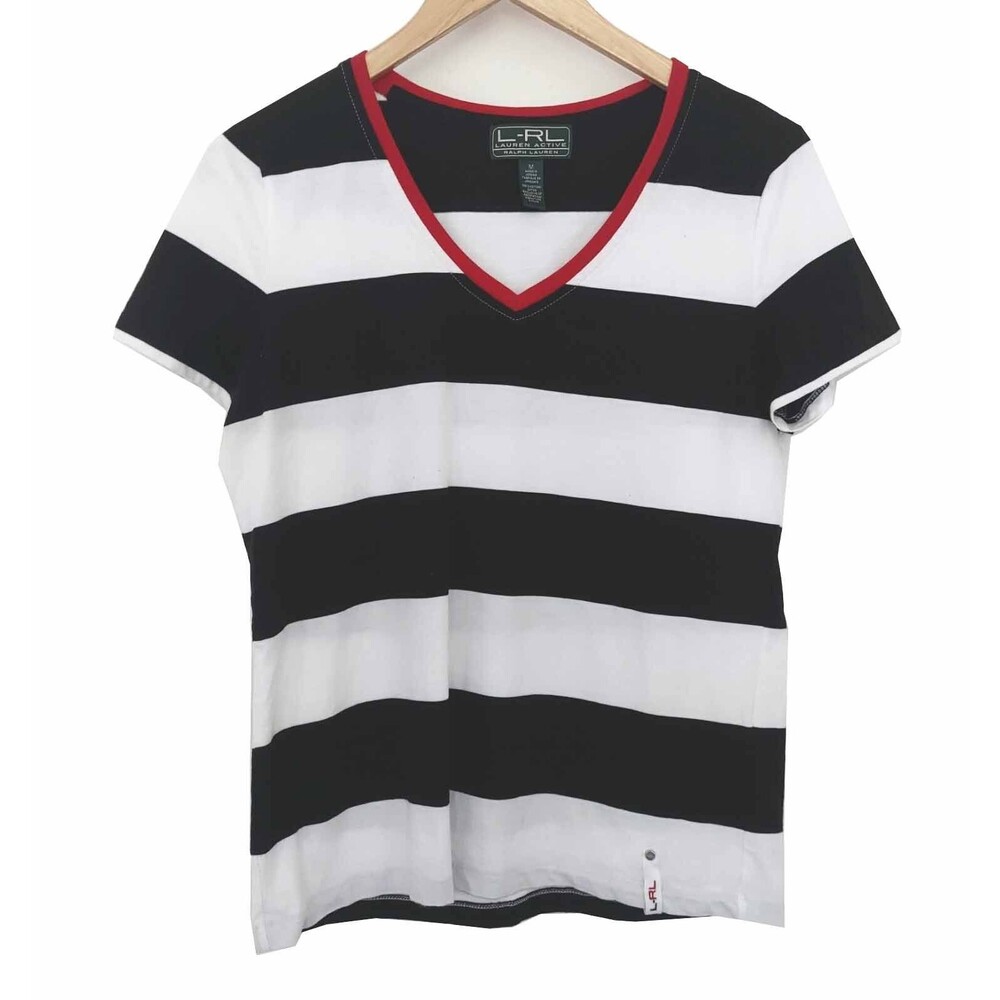 L-RL Active Womens T-Shirt Size M Black White Stripe Cotton Tee